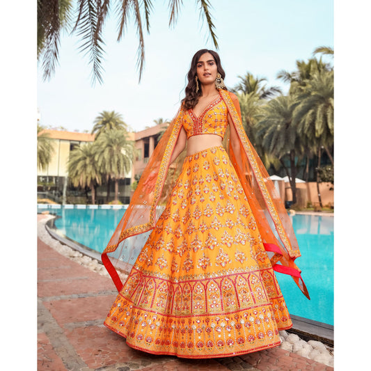 Yellow Orange Badla Mirrorwork Lehenga Set