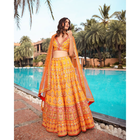 Yellow Orange Badla Mirrorwork Lehenga Set