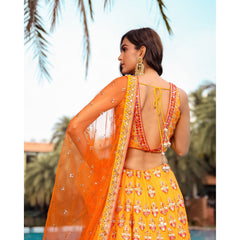 Yellow Orange Badla Mirrorwork Lehenga Set