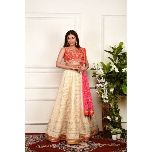 Cream And Pink Chikankari Lehenga Set