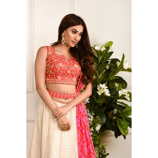 Cream And Pink Chikankari Lehenga Set
