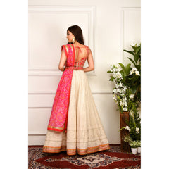 Cream And Pink Chikankari Lehenga Set