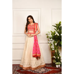 Cream And Pink Chikankari Lehenga Set