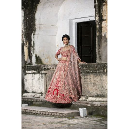 Red Raw Silk Bridal Lehenga Choli Set