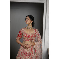 Red Raw Silk Bridal Lehenga Choli Set