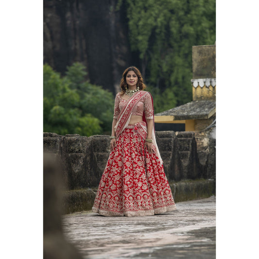 Bright Red Raw Silk Bridal Lehenga