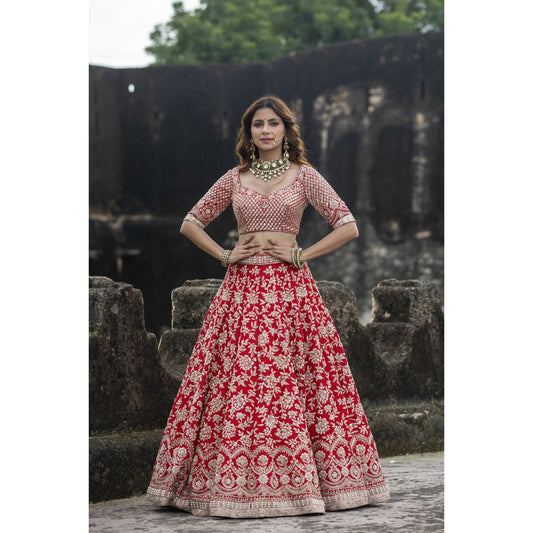 Bright Red Raw Silk Bridal Lehenga