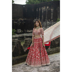 Bright Red Raw Silk Bridal Lehenga